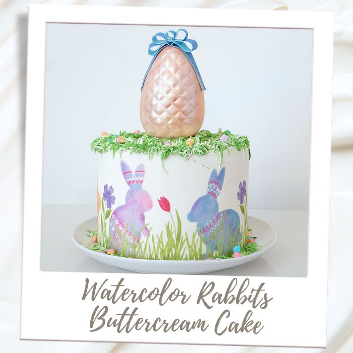Shop By Treat Type - Cakes - Watercolor Rabbits Cake with Candy Filled Egg Topper